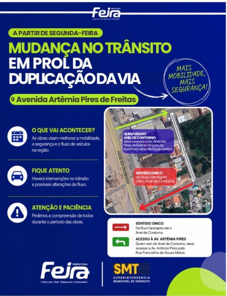 SMT informa alterações de trânsito na região da Artêmia Pires por obras de duplicação